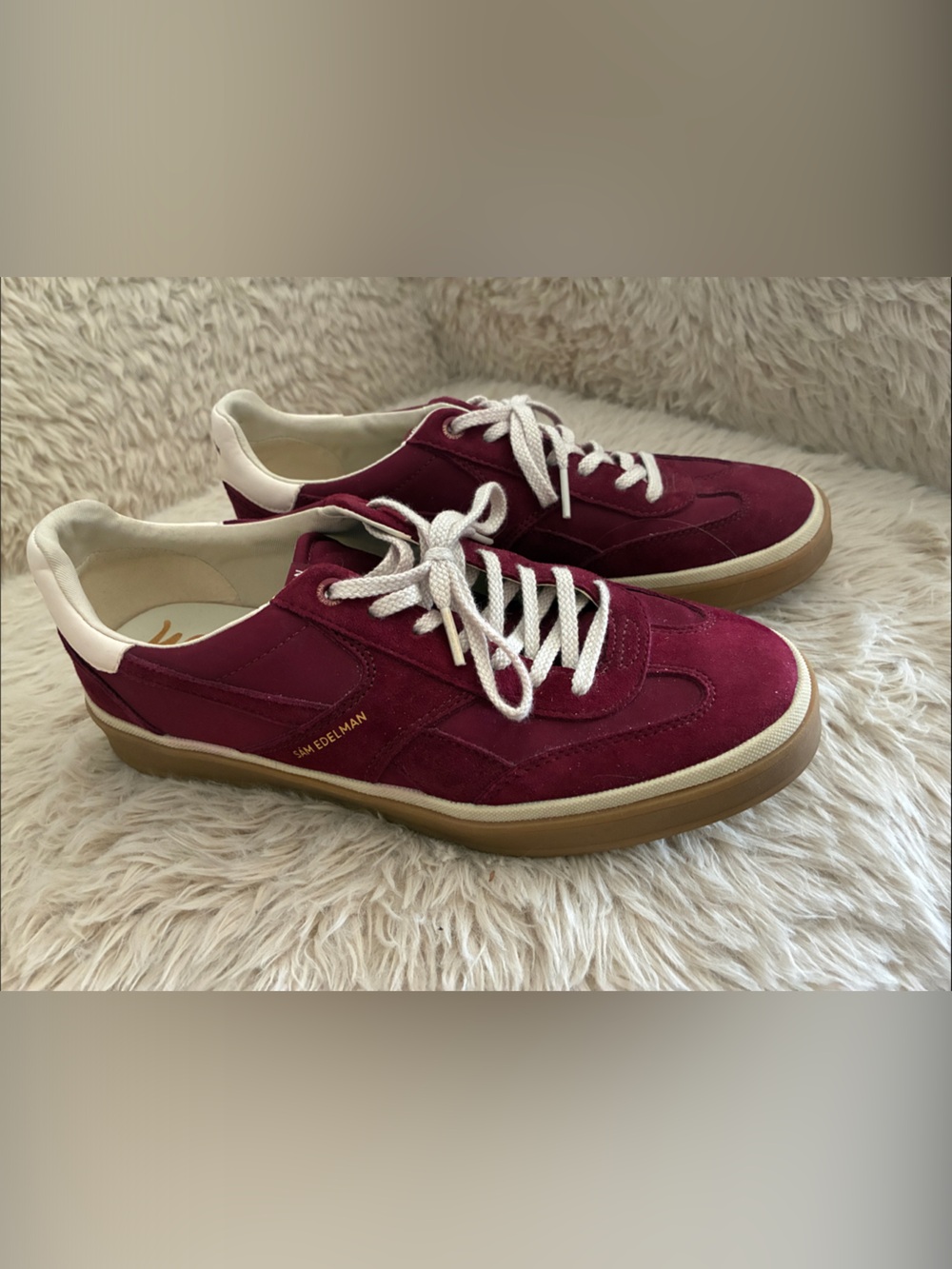 Sam Edelman Wine Suede Low-Top Sneakers with Cream Accents
